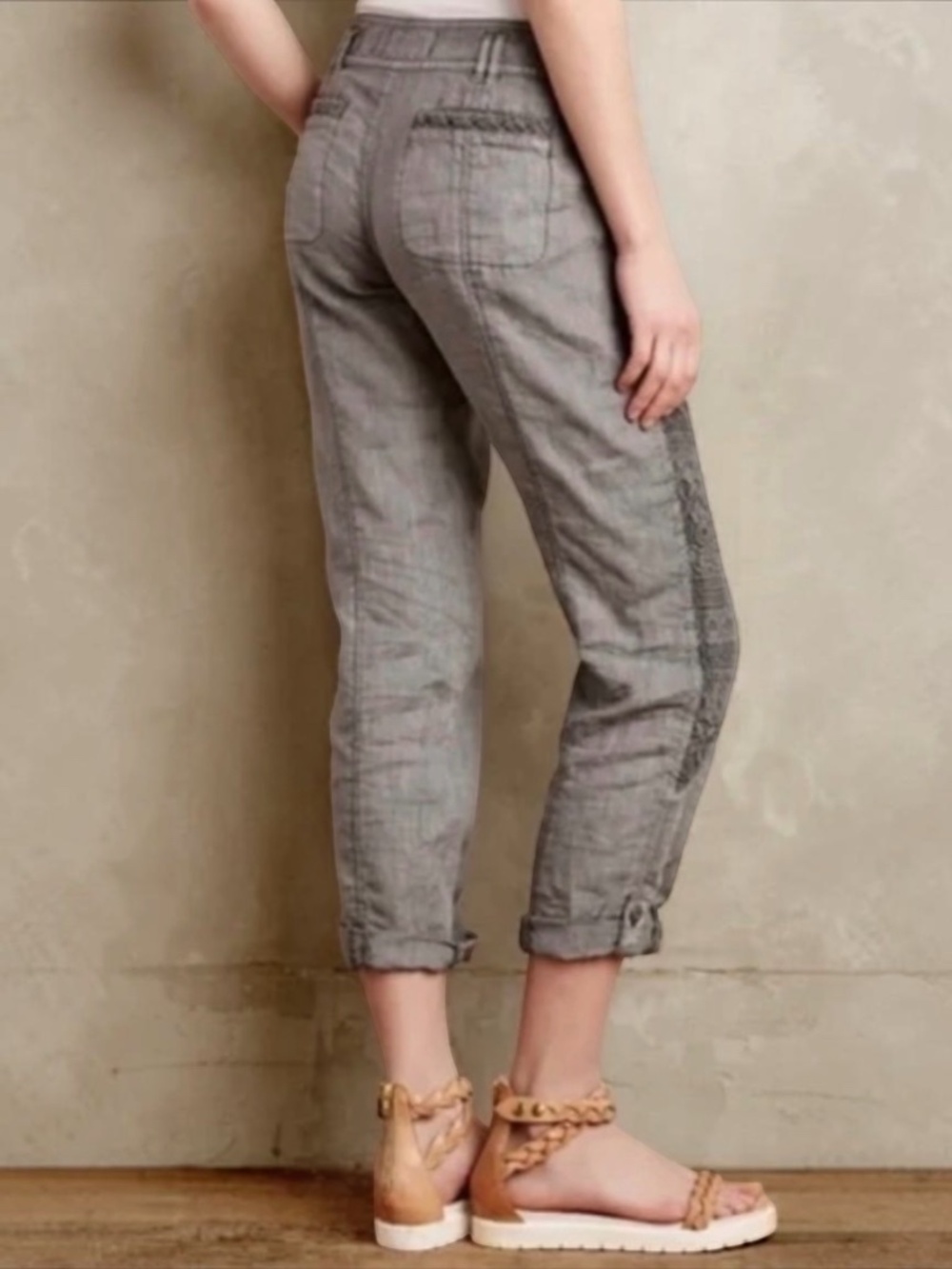 Linen {Hei Hei · Anthro} Gray Embroidered Low Rise Cargo Pants | 25 · XS · 0 - Picture 14 of 15